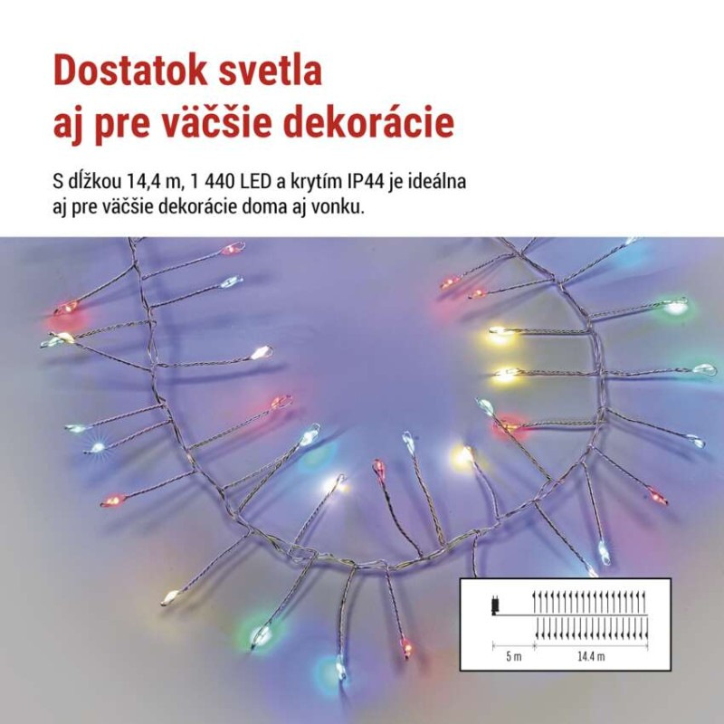 LED nano reťaz na cievke, strieborný, 14,4 m, multicolor, časovač 2