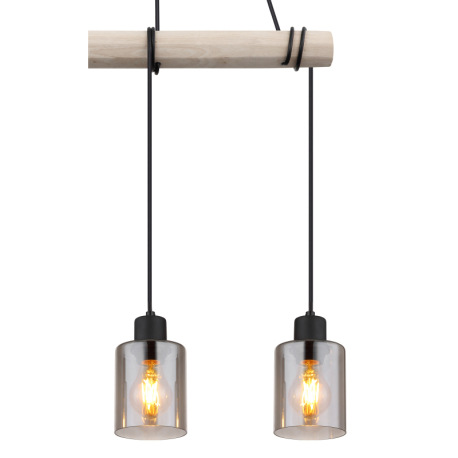 Závesné svietidlo, kov čierny, drevo prírodná farba, sklo dymová farba, kábel na omotanie, DxŠxV: 50 15
