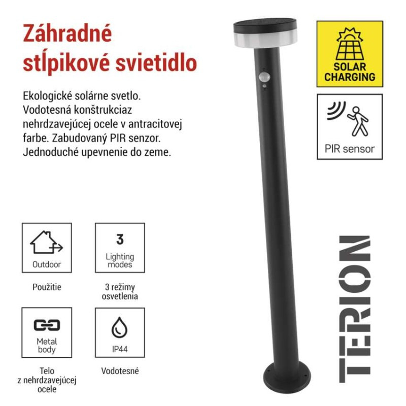 LED záhradné solárne stĺpikové svietidlo TERION, senzor súmraku, 12,5 x 12,5 x 80 cm 2