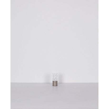 Nabíjateľná stolová lampa, kov nikel, chróm, akryl číry, kábel PVC biely, dotykové zapnutie/vypnutie 10