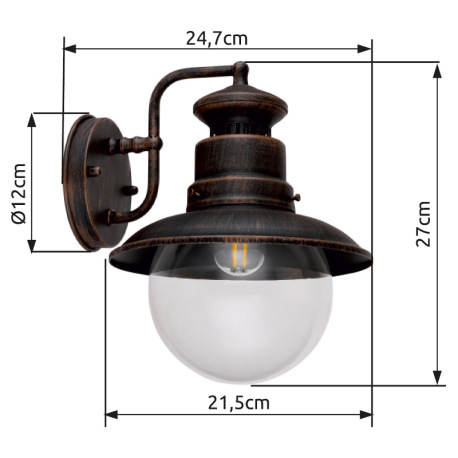 Vonkajšie svietidlo, oceľ, farba imitujúca hrdzu, sklo priehľadné, smerom dole, IP44, ŠxV:215x270, H 14