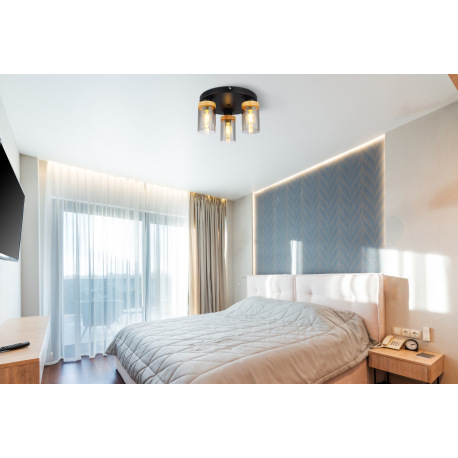 Stropné svietidlo, kov čierny, drevo, dymové sklo, ø: 390mm, V:210mm, bez žiaroviek 3x E27, max. 40W 1