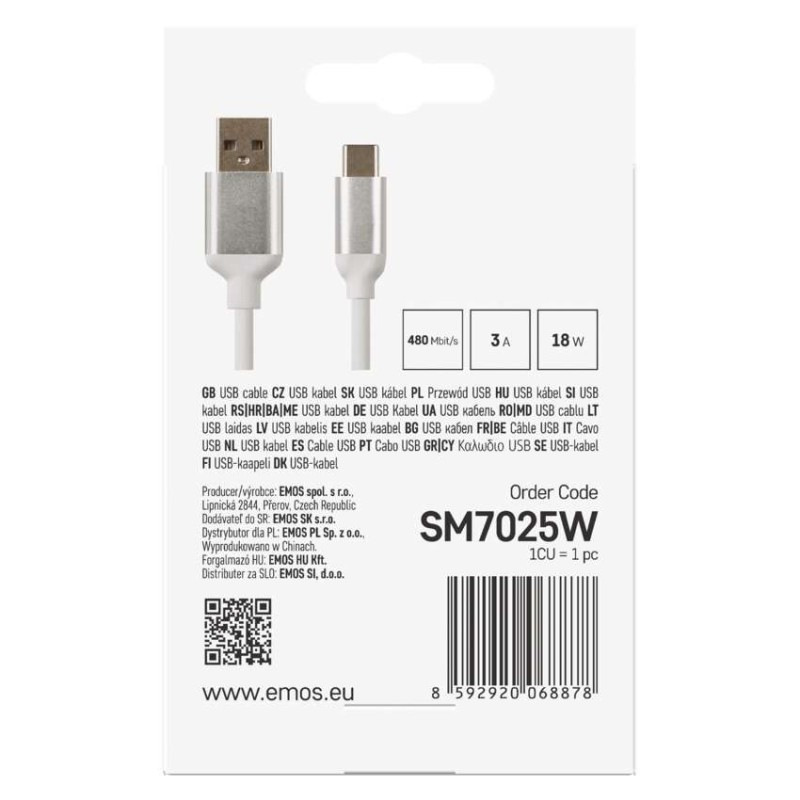 Nabíjací a dátový kábel USB-A 2.0 / USB-C 2.0, 1 m, biely 2