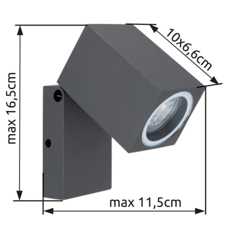 Vonkajšie svietidlo, hliník antracit, sklo priehľadné, otočné, nastaviteľné, IP44, ŠxV:65x165, H:115 12