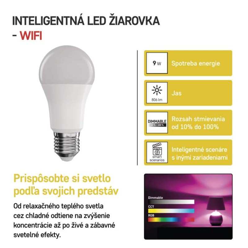 LED žiarovka GoSmart A60 / E27 / 9 W (60 W) / 806 lm / RGB / stmievateľná / WiFi 2