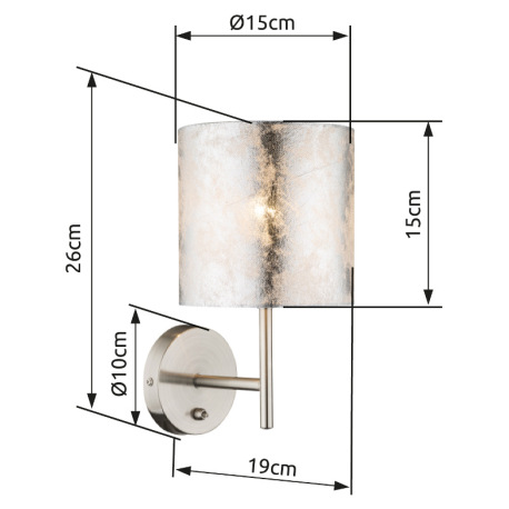 Nástenné svietidlo, kov nikel matný, plast, textil strieborný, vypínač, ŠxV:150x260, H:190, bez žiar 6