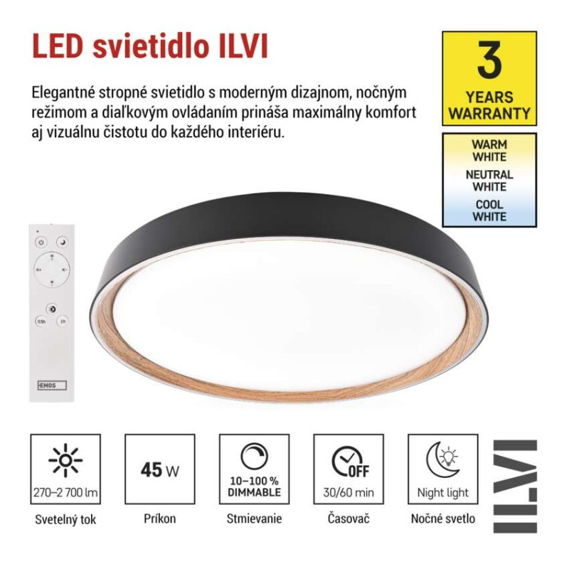 LED nástenné svietidlo ILVI, kruhové 45 W, stmievanie + CCT, čierna + drevo 3
