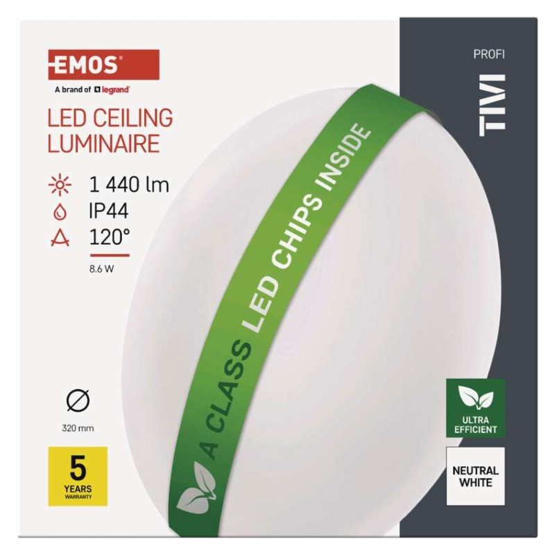 LED stropné svietidlo TIVI, A CLASS, okrúhle biele 8,6W, IP44, Neutrálna biela 8