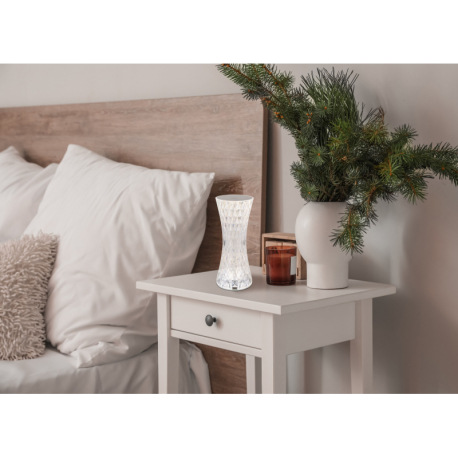 Nabíjateľná stolová lampa, číry plast s krištáľovým efektom, kov strieborný, dotykové zapínanie/vypí 1