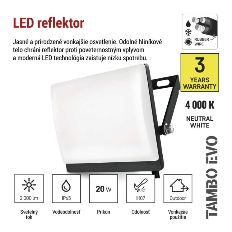 LED reflektor TAMBO EVO, 20 W, 2000 lm, IP65, čierny 5