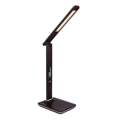 Stolová lampa, plast hnedý, imitácia kože, chróm, čas, dátum, teplomer, stmievateľné, fixácia farieb 12