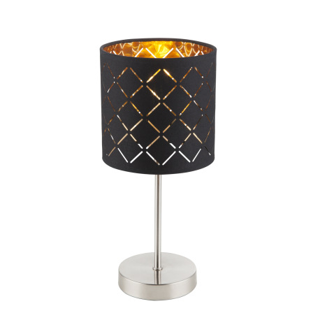 Stolová lampa, kov nikel matný, textil čierny a zlatý, tienidlo s ozdobným dierovaním, kábel 1,5m, v