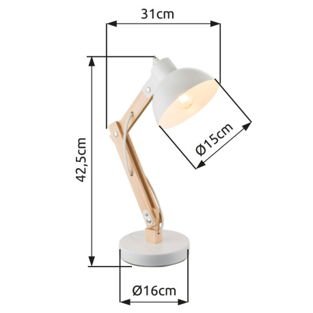 Stolová lampa, biely kov, drevo, kábel 1,5m, vypínač, DxŠxV: 320x160x450, bez žiarovky 1xE27 40W 230 3