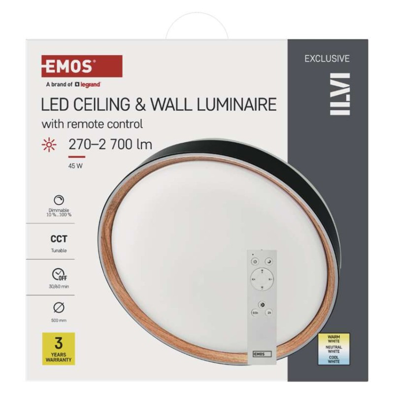 LED nástenné svietidlo ILVI, kruhové 45 W, stmievanie + CCT, čierna + drevo 11