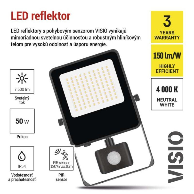 LED reflektor VISIO s pohybovým čidlom, 50 W, neutrálna biela, čierný 7