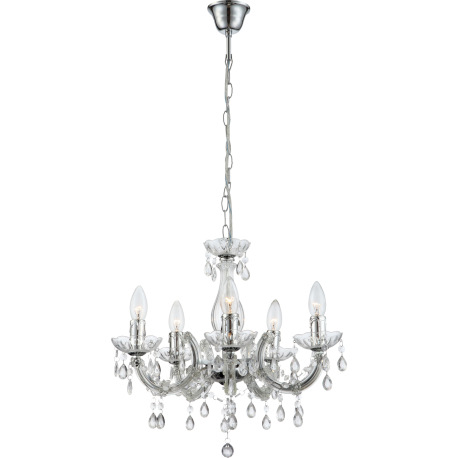 Závesné svietidlo, kov, chróm, akrylové krištále priehľadné, Ø 440, V:1280, bez žiaroviek 5xE14, max