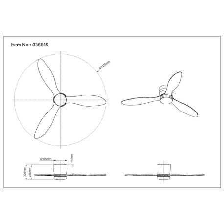 Stropný ventilátor, kov/plast čierny matný, akryl biely, stmievateľný, viac rýchlostí pomocou násten 8