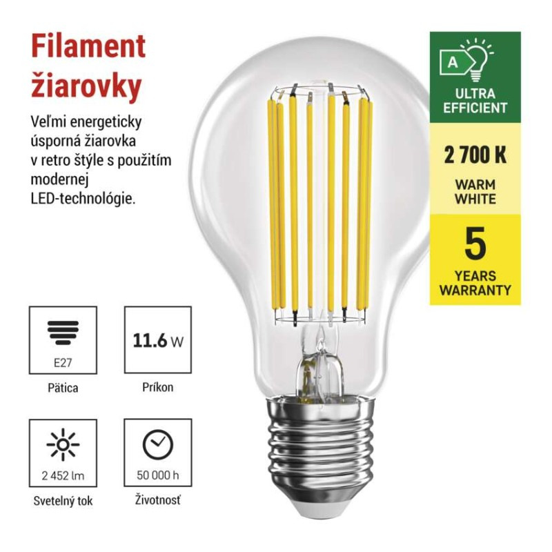 LED žiarovka Filament A70 / E27 / 11.6 W (150 W) / 2 452 lm / teplá biela / A CLASS 1