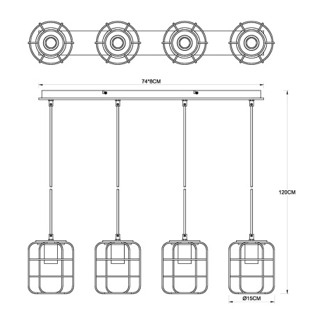 Závesné svietidlo, kov čierny, drevo hnedé, DxŠxV:740x150x1200, bez žiaroviek 4xE27, max. 40W 230V 7