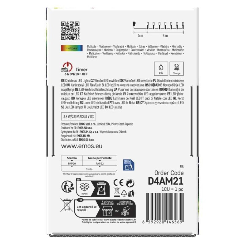 LED vianočná reťaz, 4 m, vonkajšia aj vnútorná, multicolor, programy, časovač 10