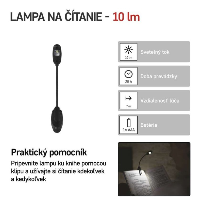 LED svietidlo na čítanie, 10 lm, 1× AAA