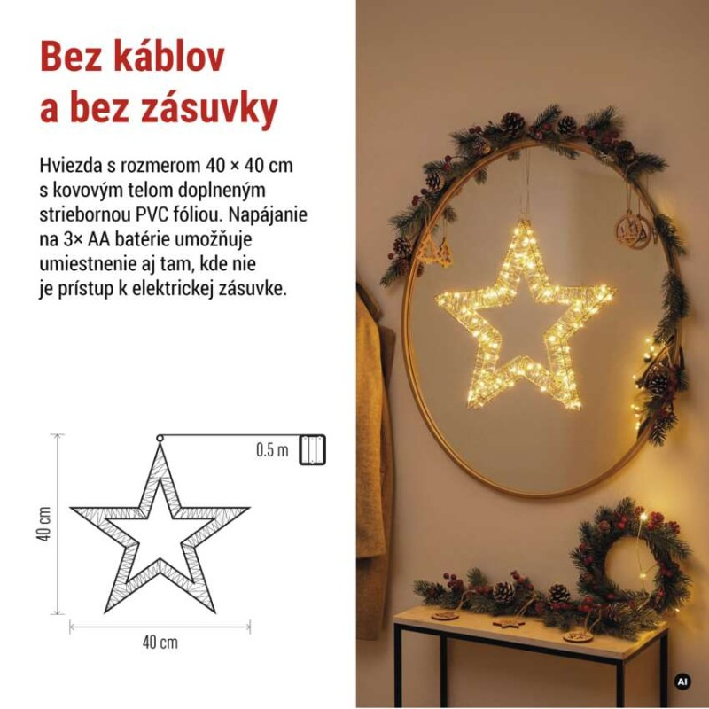 LED dekorácia – závesná hviezda, 3xAA, teplá biela, časovač 5