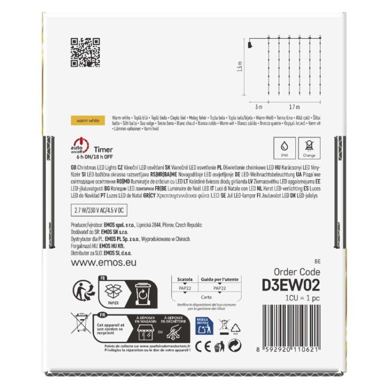 LED vianočná drop reťaz – záclona, 1,7x1,5 m, vonkajšia aj vnútorná, teplá biela, programy 8
