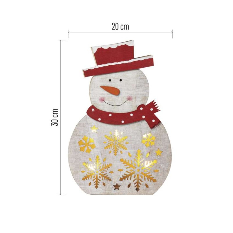 LED vianočný snehuliak drevený, 30 cm, 2x AAA, vnútorný, teplá biela, časovač 2