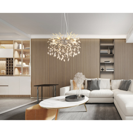 Závesné svietidlo, kov strieborný matný, sklenené krištále dymové, číre, výškovo nastaviteľné, flexo 7