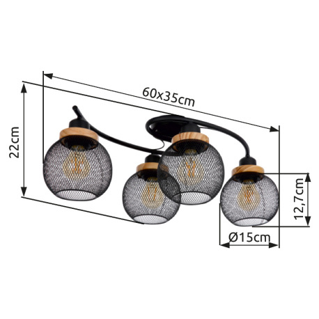 Stropné svietidlo, kov čierny, drevo, DxŠxV:600x350x220, bez žiaroviek 4xE27, max. 60W 230V 9