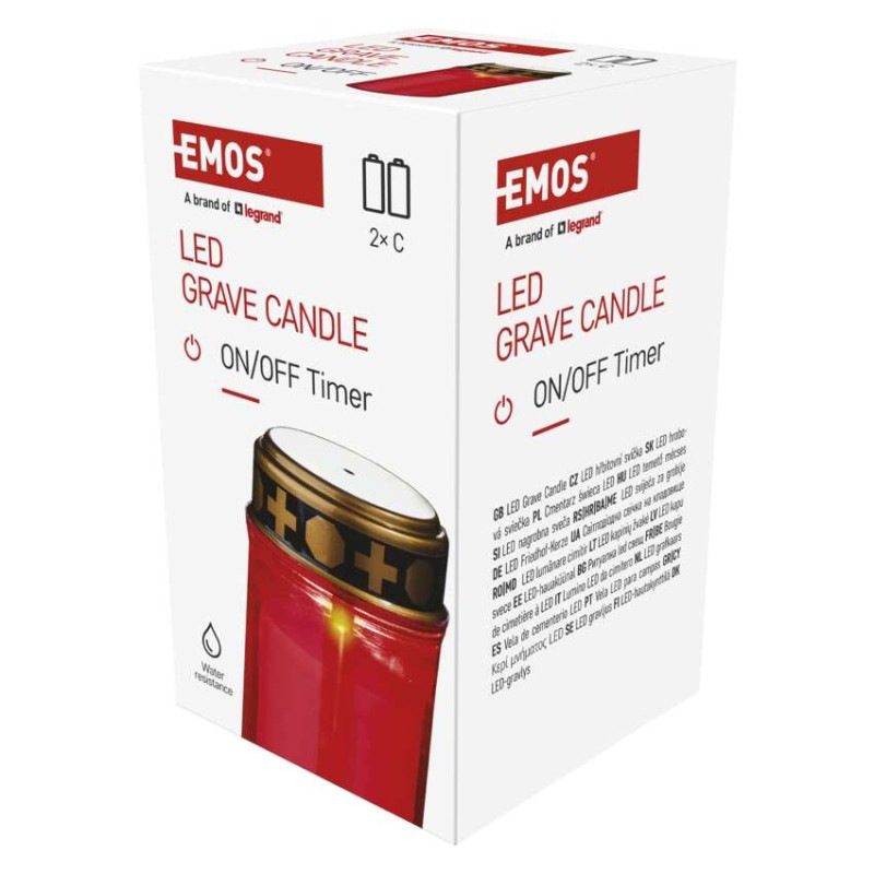 LED náhrobná sviečka červená, 2x C, vonkajšia aj vnútorná, teplá biela, časovač 1
