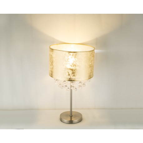 Stolová lampa, kov nikel matný, textil zlatý, akrylové krištále priehľadné, kábel 1,5m, vypínač, Ø 3 13