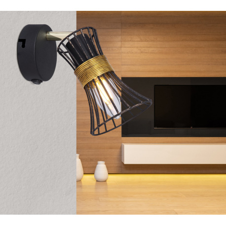 Nástenné svietidlo, kov čierny a zlatý, kovové tyče čierne a zlaté, vypínač, ŠxV:90x155, H:110, bez 9