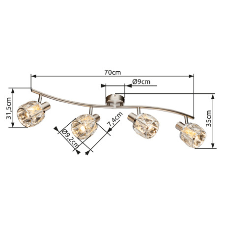 Stropné svietidlo, kov nikel matný, chróm, sklenený kryštál priehľadný, nastaviteľné, DxV:700x180, b 5