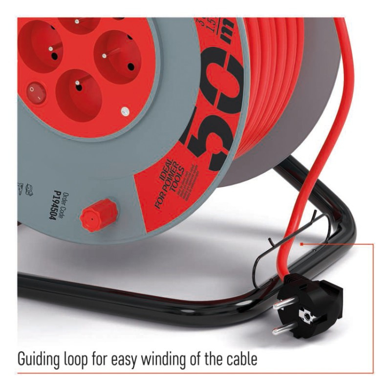 Predlžovací kábel na bubne 50 m / 4 zásuvky / s vypínačom / červený / PVC / 230V / 1,5 mm2 4