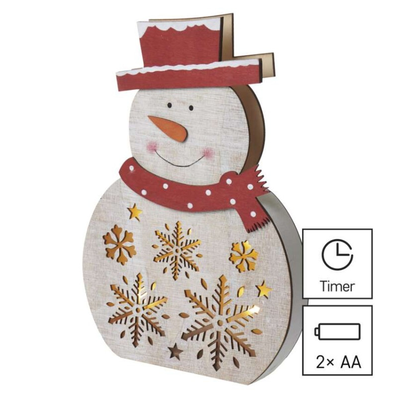 LED vianočný snehuliak drevený, 30 cm, 2x AAA, vnútorný, teplá biela, časovač 4