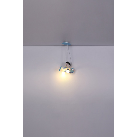 Závesné svietidlo, drevo, modrá biela, plast opál, lietadlo s chlapcom, DxŠxV: 430x400x1200, bez žia 9