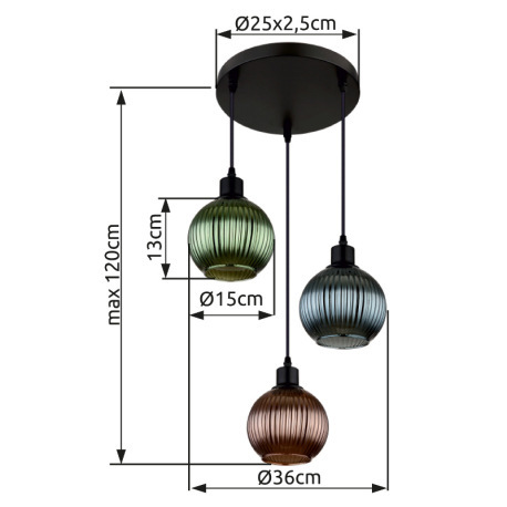 Závesné svietidlo, kov čierny, sklenené gule, kábel PVC čierny, nastaviteľná výška, farby skla: 1x z 18
