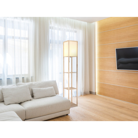 Stojanové svietidlo, drevo hnedé, textil biely, kábel PVC biely, ťahový vypínač, DxŠxV: 260x260x1590 2