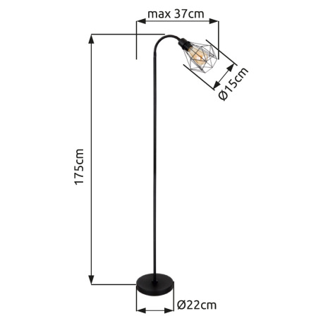 Stojanová lampa kov čierny matný, kovová mrižka čierna matná, vypínač na kábli, Flexo, DxŠxV: 370x22 9