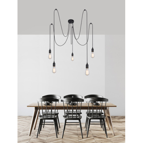 Závesné svietidlo, čierny kov, textilný kábel, plast, kábel 2x2m + 3x1,5m, Ø 150, bez žiaroviek 5xE2 7