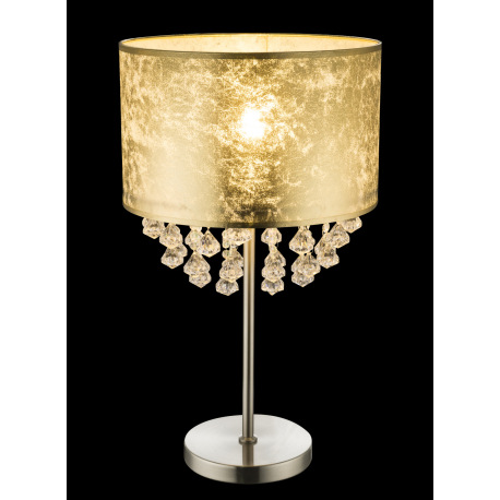 Stolová lampa, kov nikel matný, textil zlatý, akrylové krištále priehľadné, kábel 1,5m, vypínač, Ø 3 10