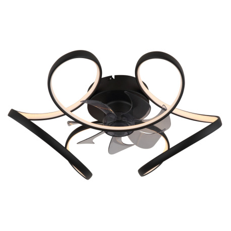 Stropný ventilátor, kov čierny matný, akryl biely, plast priehľadný, stmievateľný, niekoľko úrovní p 20