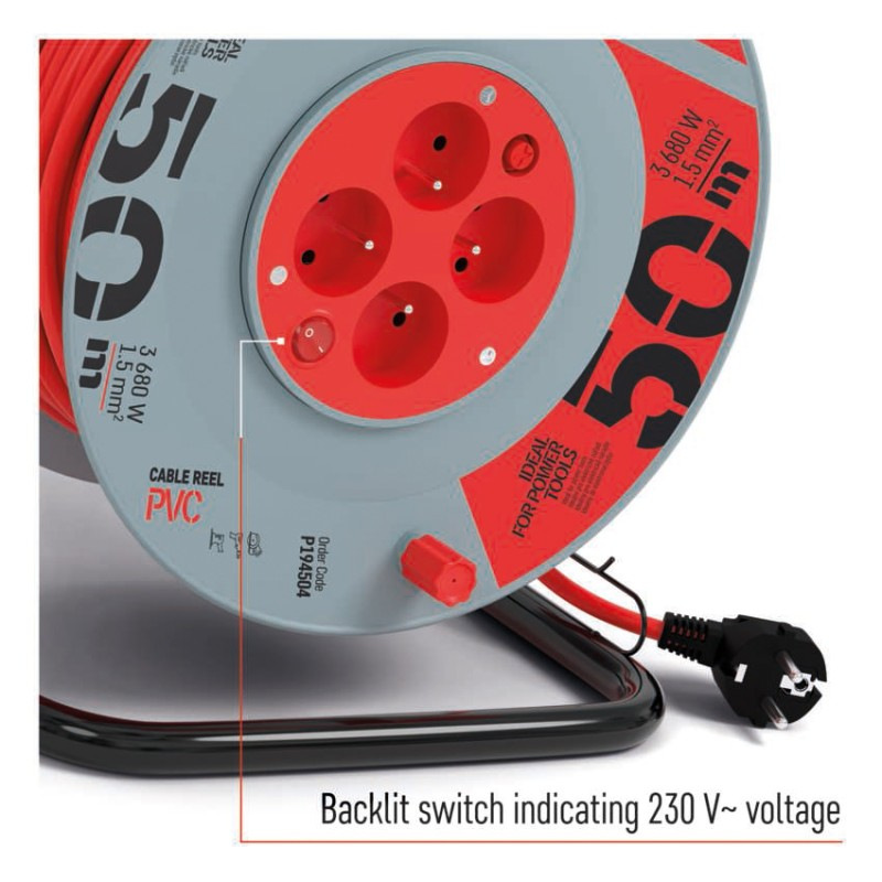 Predlžovací kábel na bubne 50 m / 4 zásuvky / s vypínačom / červený / PVC / 230V / 1,5 mm2 2