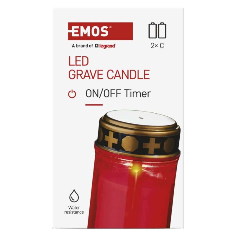 LED náhrobná sviečka červená, 2x C, vonkajšia aj vnútorná, teplá biela, časovač 7