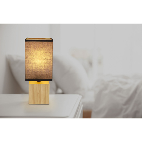 Stolná lampa prírodné drevo, textil čierny, kábel PVC čierny, kolískový vypínač na kábli, DxŠxV: 120 6