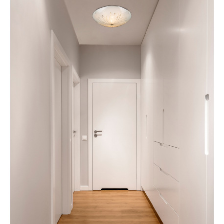 Stropné svietidlo, kov biely, chróm, satinované sklo, dekoračné kamienky, priehľadné ozdobné linky, 1