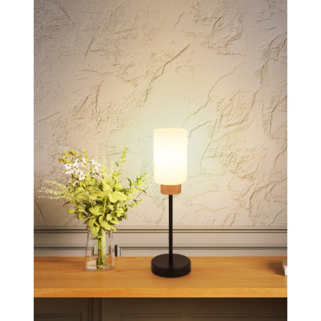 Stolová lampa, matný čierny kov, matné biele sklo, tmavý dub, čierny textilný kábel, kolískový vypín 8