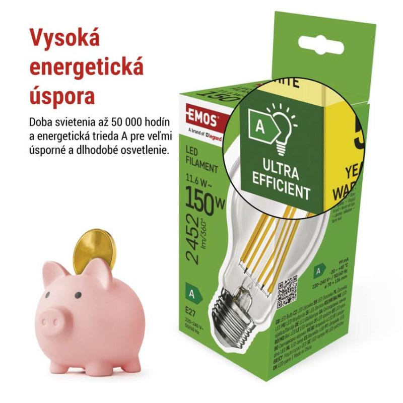LED žiarovka Filament A70 / E27 / 11.6 W (150 W) / 2 452 lm / teplá biela / A CLASS 2