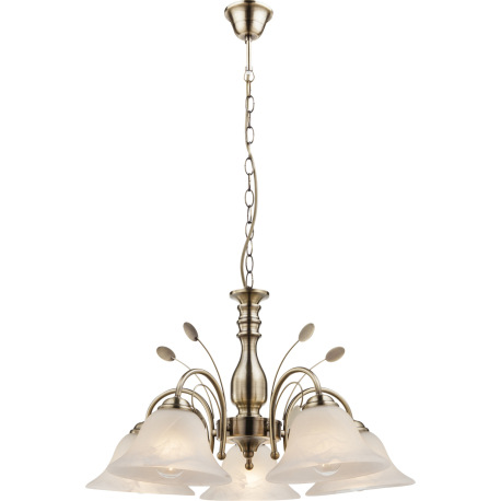 Závesné svietidlo, mosadz, sklo biele alabaster, Ø 600, V: 1000, bez žiaroviek 5xE27, max. 60W 230V.